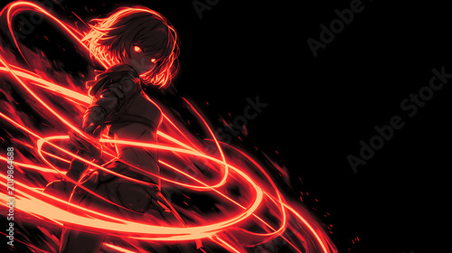 Anime female warrior twirling with neon red fire ribbons on a black background