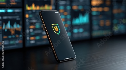 Smartphone displaying a digital security interface with a spy agency and lock icon on the screen, representing cybersecurity and data protection
