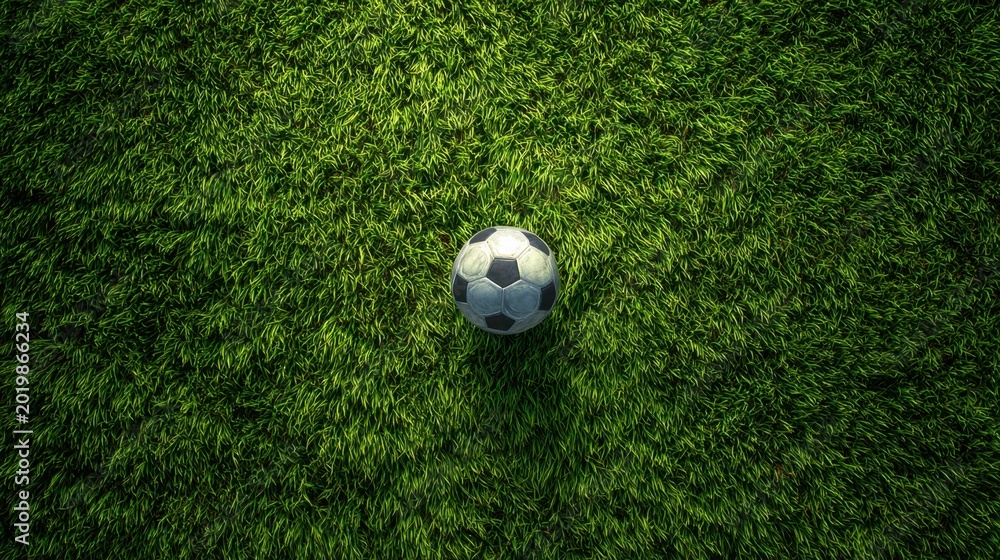 Obraz premium Soccer ball resting on lush green grass field viewed from above