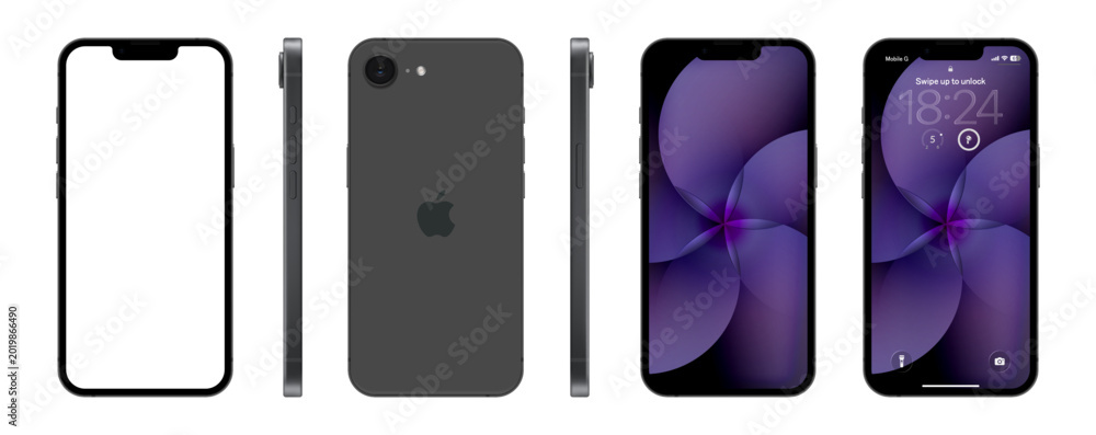 Fototapeta premium Photorealistic detailed Apple Iphone 17e Black mockup. Front, rear and side views isolated on transparent background. Vector editorial PNG