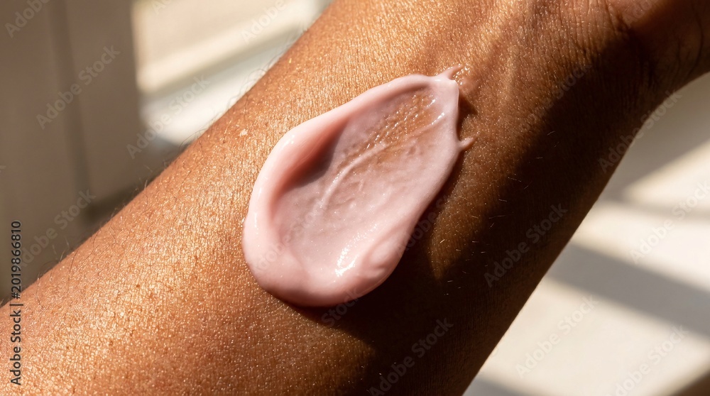 Fototapeta premium Luxurious dollop of pale pink moisturizing body lotion swiped perfectly across a patch of deeply tanned glowing skin under soft warm sunlight.