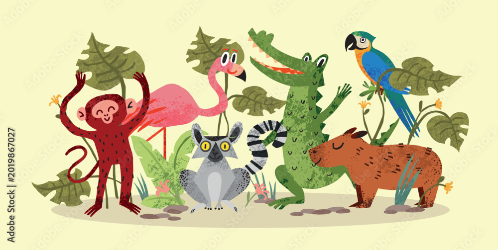 Obraz premium Playful Animal group with Monkey, Flamingo, Crocodile, Lemur, Parrot and Capybara among tropical Leaf plants. Childish flat vector illustration, textured zoo art for children