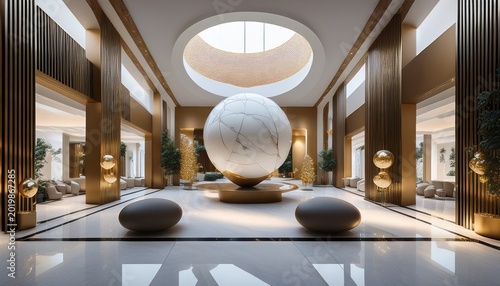 modern sophistication abstract art in elegant marble lobby with spherical sculptures