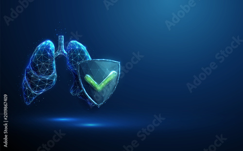 Foto 3D blue human lungs and shield with green tick