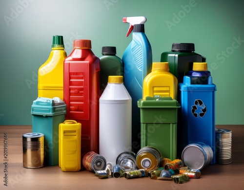 various household hazardous waste containers such as cleaning products and batteries organized for disposal