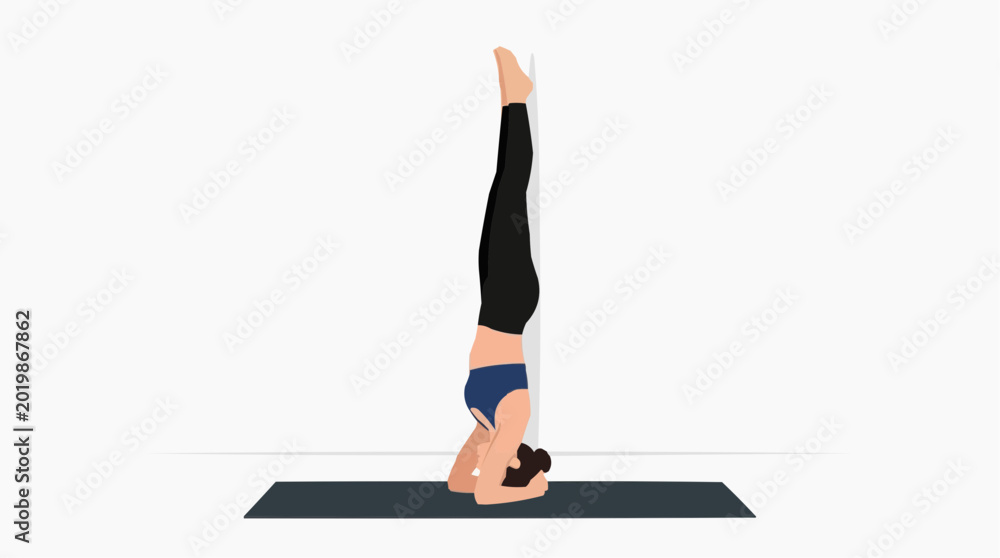 Fototapeta premium Woman performing Salamba Sarvangasana supported headstand yoga pose against a white wall vector style