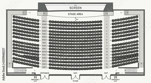Quadro su tela Top view of a large cinema auditorium seating plan with screen and stage area