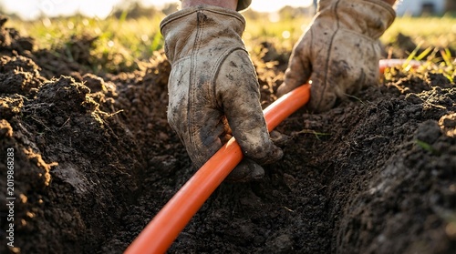 Mud-covered heavy leather gloves meticulously burying a bright orange fiber optic cable into rich dark brown soil under warm afternoon sun.