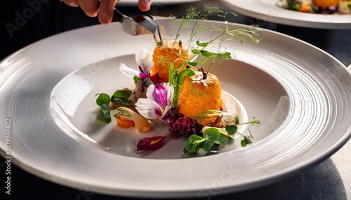 healthy and delicious food on white plate at luxury restaurant chef making and decoration food of eatables flowers beautiful food on plate in michelin star restaurant