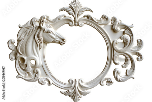 Ornate silver horse head frame decoration.