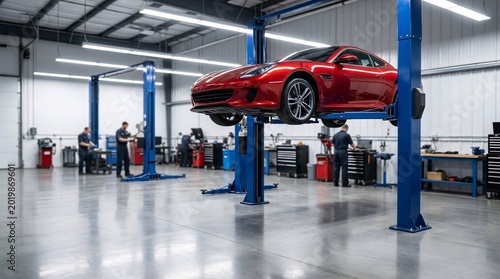 Pristine auto repair facility featuring a sleek metallic red sports car elevated high on a heavy-duty blue hydraulic lift in a bright garage.