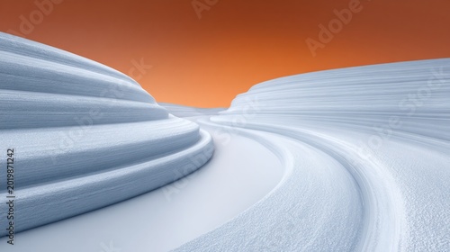 Snowy desert landscape with orange sky