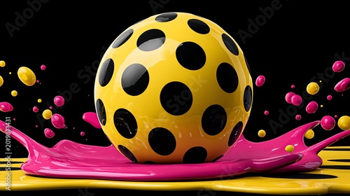 Yellow ball with black dots and pink paint splatters