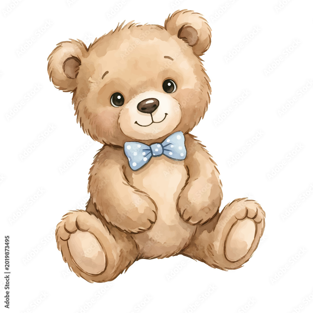 Fototapeta premium Cute brown teddy bear sitting isolated on white background plush toy illustration