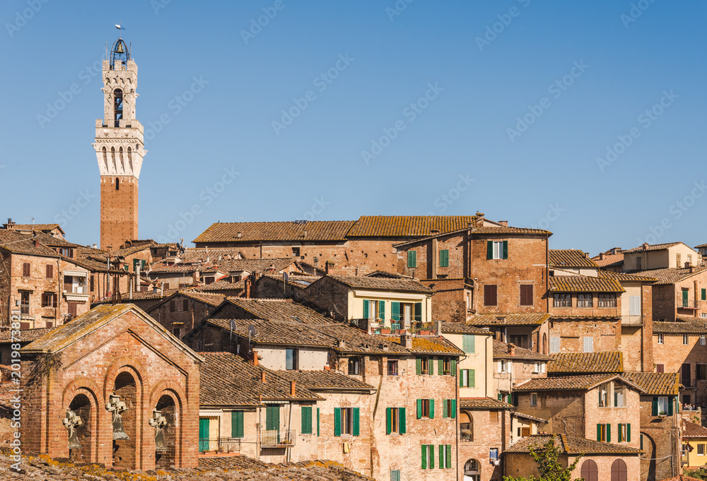 Fototapeta premium Siena view of medieval town, famous bell tower 'Torre del Mangia' on the Piazza del Campo di Siena, Tuscany, Italy