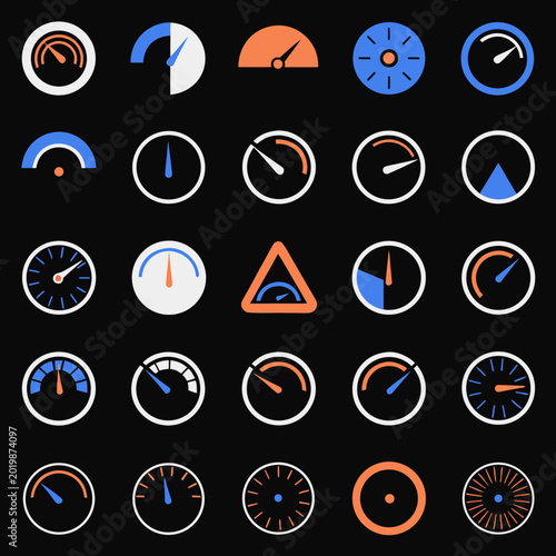 Canvas Print Speedometer and gauge icon set, dashboard performance meter symbols, automotive