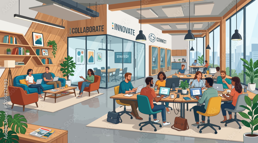Obraz premium Modern coworking office interior with diverse professionals