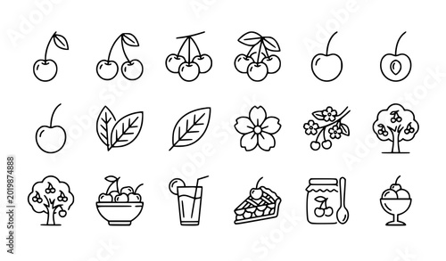 Cuadro en lienzo Black and white cherry outline icon vector collection isolated on white
