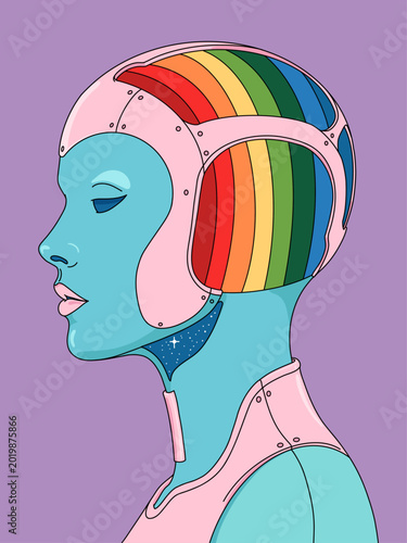 Retro Sci-fi Illustration of a Female Robot Profile  Cutaway Head with Rainbows, Blue Sky with Stars and Pink Helmet. Surreal Hi Tech Human Hybrid Concept in Purple Background