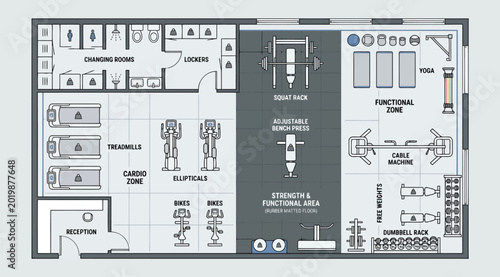 Konstfotografi Gym floor plan with changing rooms, cardio zone, squat rack, functional zone, an
