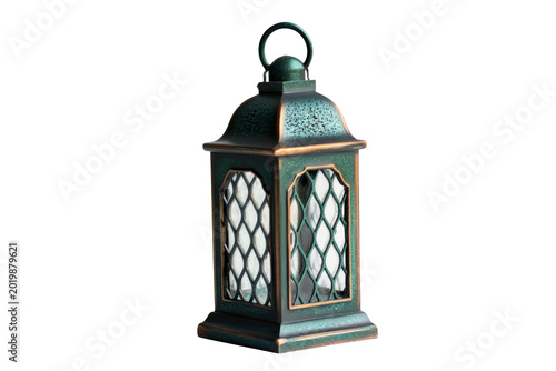 Vintage lantern with green patina finish.