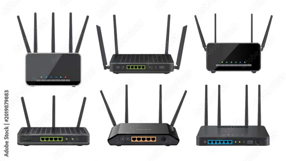 Fototapeta premium Modern wireless routers set on a clean surface Vector