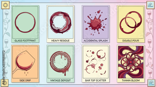 Fényképezés Illustrations of various red wine stains and patterns on light backgrounds