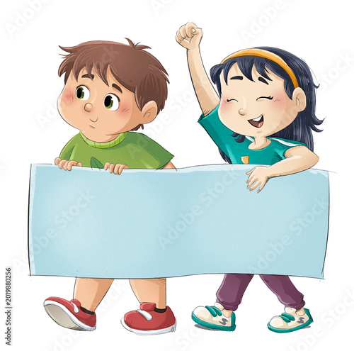 Little boy and girl with banner in their hands