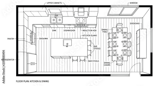 Tableau sur toile Floor plan of a modern kitchen and dining room area