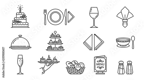 Restaurant Dining and Catering Icon Collection with Cake, Wine, Buffet, Menu, and Food Service Symbols for Hospitality Vector Design