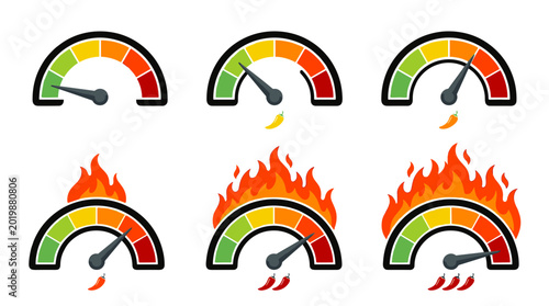 Burning Performance Meter Gauge Collection with Speed Level Indicators for Risk Monitoring, Analytics Dashboard, and High Pressure Vector Design