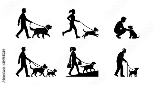 Photos Dog Walking Silhouettes: People with Pets, Daily Activities, Vector Icons Set