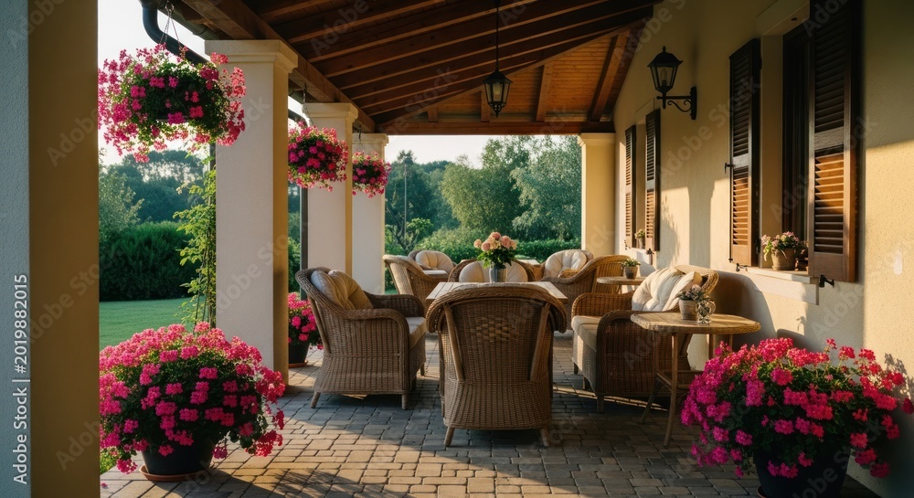 Fototapeta premium Inviting Outdoor Patio with Wicker Furniture and Blooming Flowers.