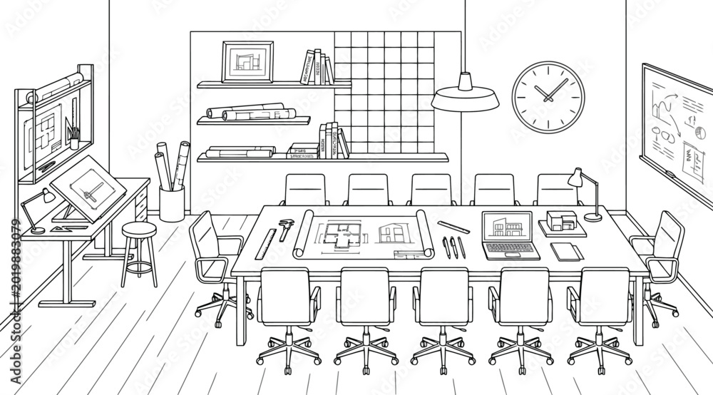Obraz premium Architectural office meeting room with drafting table and blueprints
