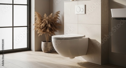 Modern WallHung Toilet with Natural Light and Plant Decor.