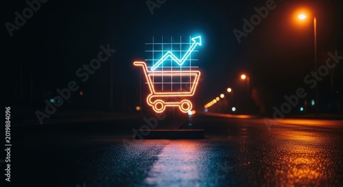 Neon Shopping Cart with Upward Graph Symbolizing Business Growth 1.