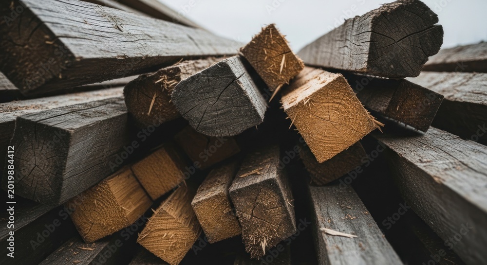 Fototapeta premium Pile of Rough Cut Wooden Beams Stacked Outdoors.