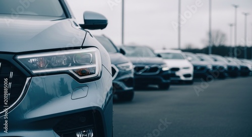 Row of New Cars Lined Up in a Dealership Lot.