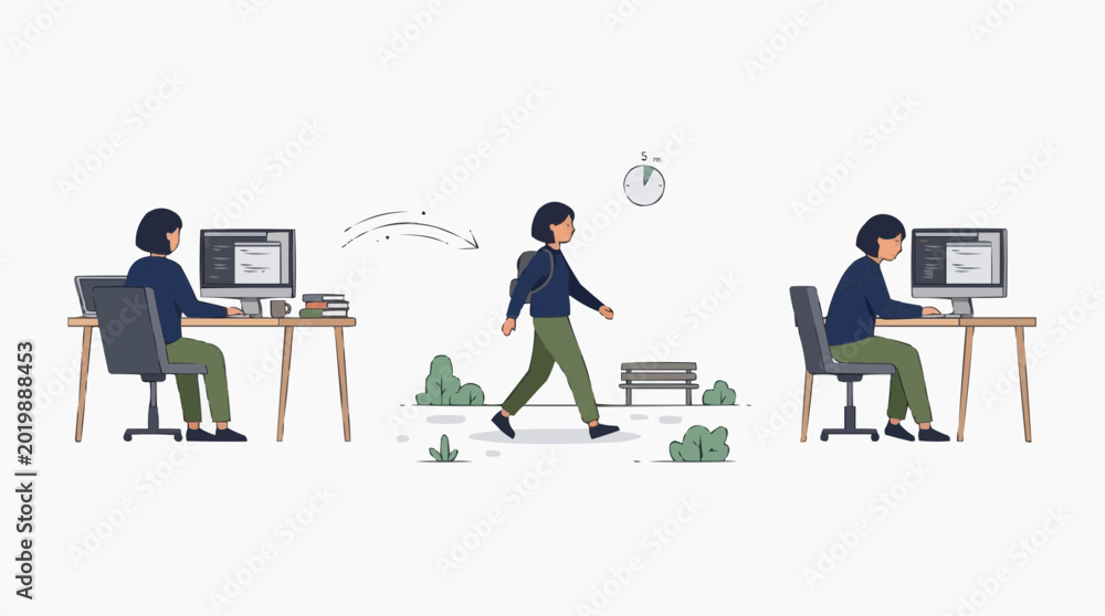 Fototapeta premium Person working on computer takes a break walking in park then returns to work vector style