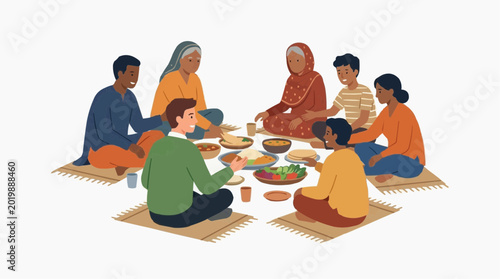 Diverse group of people enjoying a communal meal together sitting on mats vector style