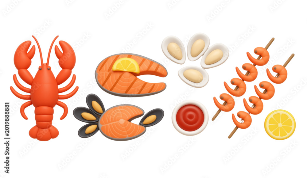 Obraz premium Seafood Feast Plate: A sticker collection with a serving of grilled salmon with lemon, oysters on the half shell, a lobster, a crab, grilled shrimp, a fish fillet, mussels, a cocktail sauce bowl