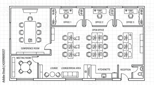 Photos Office floor plan layout with conference room, open office, meeting room, lounge