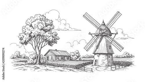Rural landscape with windmill and farmhouse tree field clouds