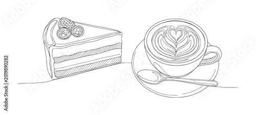 Slice of layered cake with berries and coffee with latte raspberry