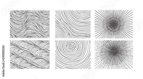 Six abstract black and white line patterns with wavy circular and radial