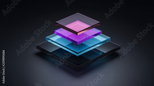 Stacked glass panels in shades of purple, blue, and black