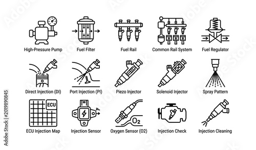 Fuel injection icons labeled as automotive components on white