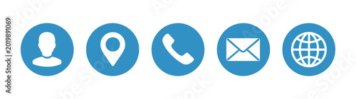 Valokuva Contact information icon set with blue business card and website symbols for phone, email, address, and online details