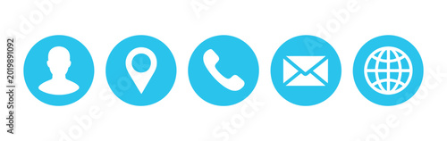 Canvas-taulu Business card and website contact icon set featuring blue symbols for name, location, phone, email, and web address information