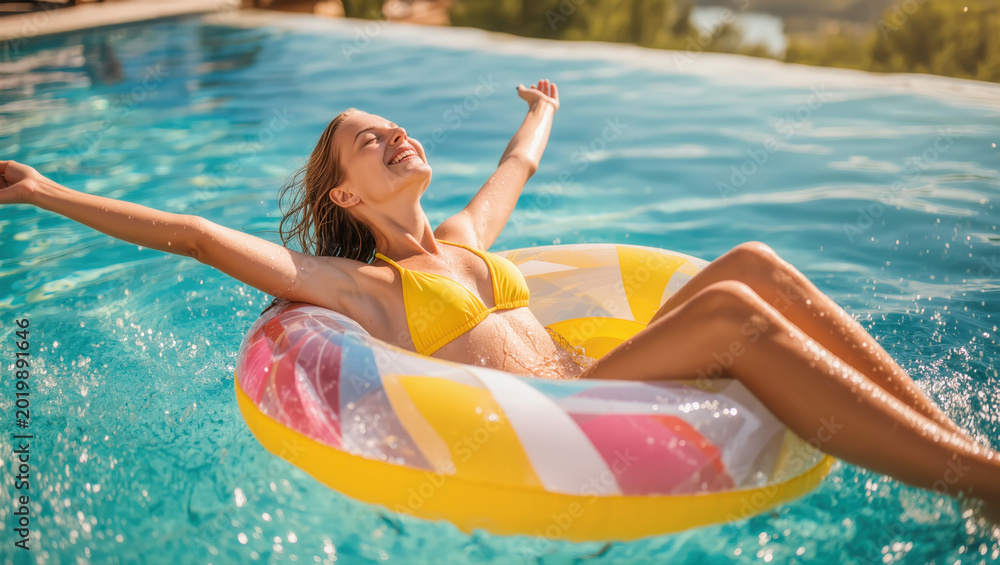 Fototapeta premium Happy young woman relaxing on colorful inflatable ring in sunny pool. Summer vacation, freedom and joyful wellness lifestyle